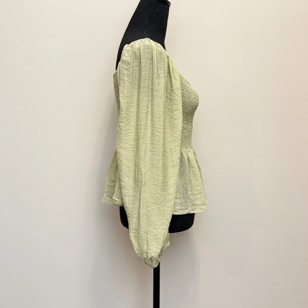 Newbury Kustom Green Smocked Peplum Top Lantern Sleeve‎ Boho Babydoll Womens Lg